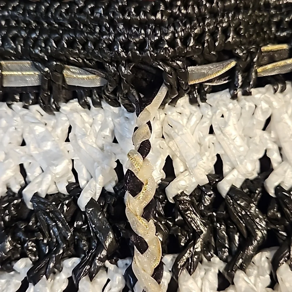 HANDMADE Monochrome Raffia Crochet Cinch Hobo Crossbody Festival Bag